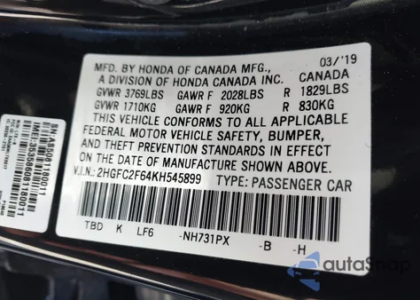 2019 Honda Civic Lx z USA, uszkodzony, nr VIN 2HGFC2F64KH545899